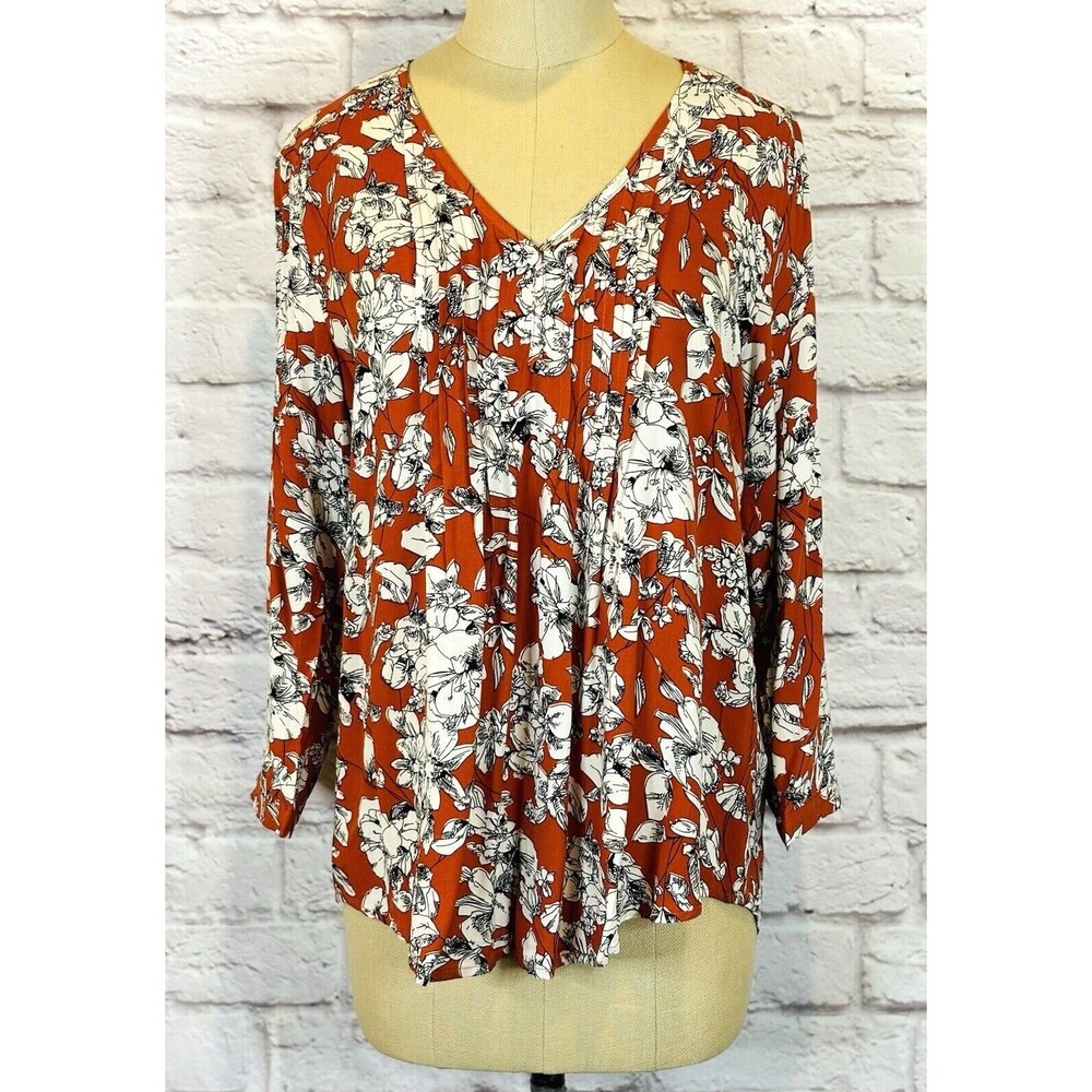 Maley Womens SMALL Top Pleated Detail V Neck Floral Shirt 3/4‎ Sleeve Rust White - Picture 6 of 12